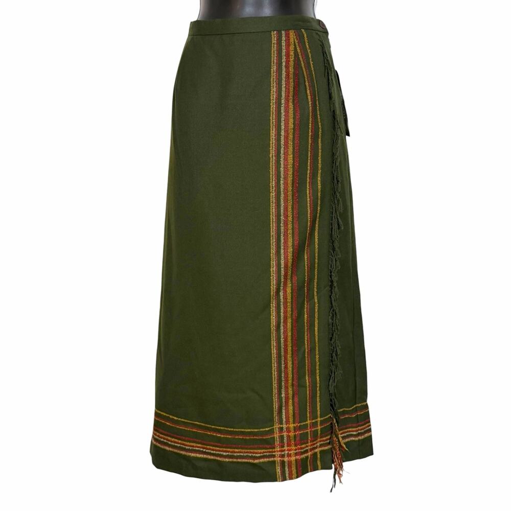 VTG 90S Y2K REQUIREMENTS KHAKI GREEN FRINGE WRAP SKIRT NEW OLD STOCK W TAGS 12 - Picture 1 of 6